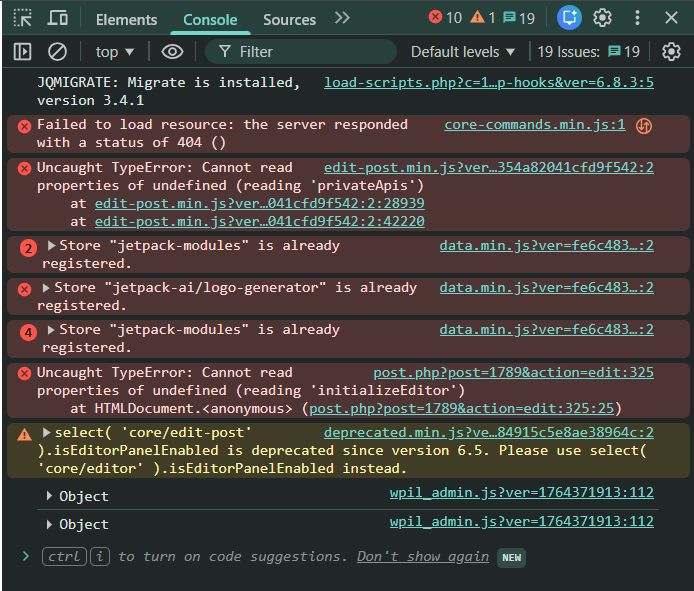 blank wordpress editor rendering errors in console of inspection tool