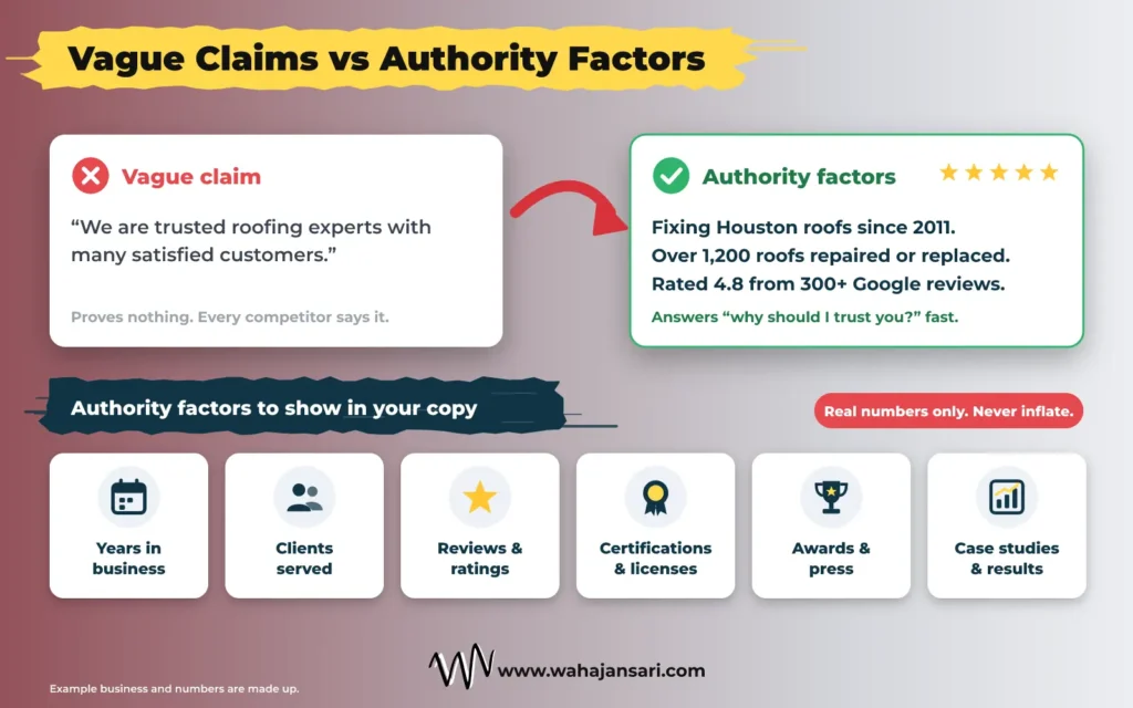 Vague claim compared with specific authority factors in website copy