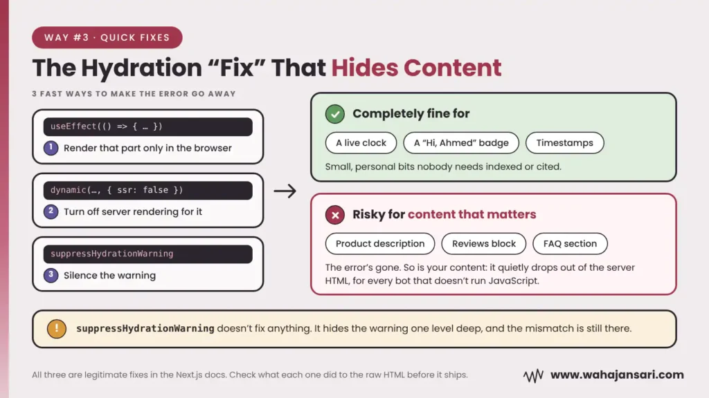 Hydration error fixes like useEffect and ssr false that hide content from bots