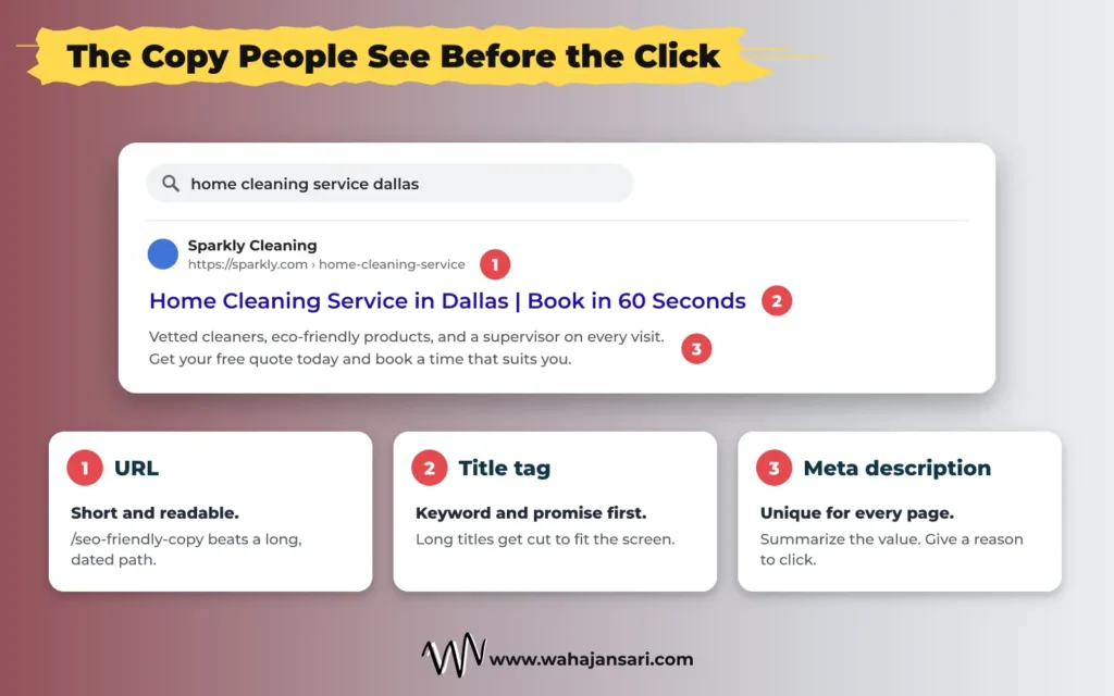 Title tag, URL and meta description in a search result snippet