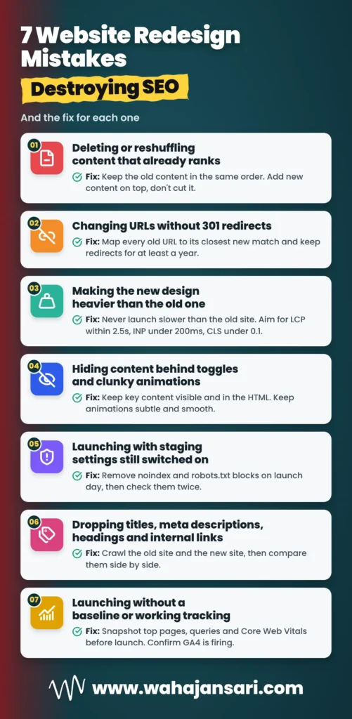Infographic of 7 website redesign mistakes destroying SEO and the fix for each one